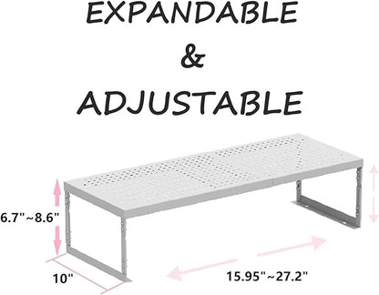 Stackable Expandable Metal Shelf Organizer - Adjustable Wire Storage Rack with Holes for Kitchen, Bathroom, Cabinet, Office - Space Saving, Durable & Sturdy Design（3PACKS/Large/White