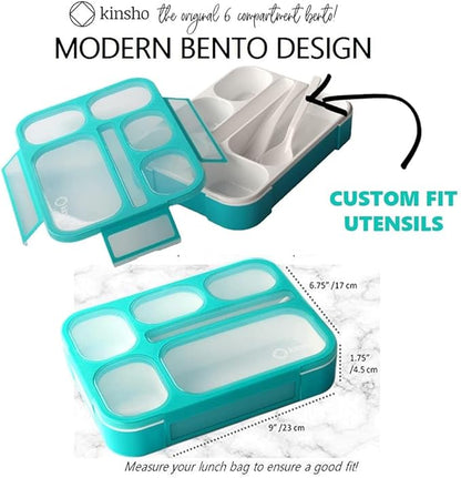 Bento Box Lunch-Box with Bag and Ice Pack, Insulated Lunch Bag and Snack Container Set for Kids Boys Girls Adults. 6 Compartments, Divided Portion Containers, Boxes for School Lunches, Teal