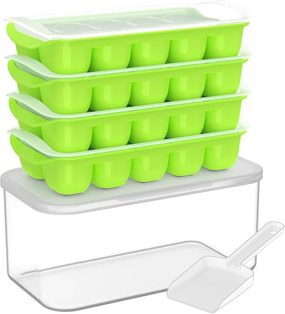 DOQAUS Ice Cube Tray with Lid and Bin, 4 Pack Easy Pop Out Silicone Ices Cubes Trays for Freezer with Cover, Stackable Compact Ice Bucket Kits, for Soup, Food, Cocktail, Coffee