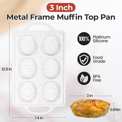 Muffin Top Pan with Metal Reinforced Frame, Silicone Egg Molds for Breakfast Sandwiches 3 Inch Round Baking Pan for Oven English Muffins, Whoopie Pies, Corn Bread, Egg Bites, Tarts 3 Pack Confetti