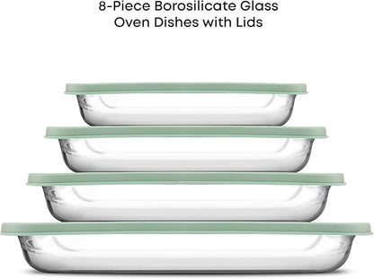 JoyJolt 8-Piece Borosilicate Glass Oven Dishes with Sage Green Lids, Rectangle Deep Glass Baking Dish Set, Baking Pans for Lasagna Casserole Cake, Bakeware Set, Freezer to Oven Tray to Dishwasher
