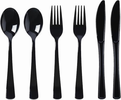 300 Pieces Of Black Plastic Silverware,Heavy Duty, 100 Forks, 100 Spoons, 100 Knives, Heat-Resistant and BPA-free Disposable Silverware,Party Supplies, High-end Utensils