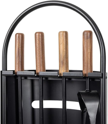 Modern Ember Noah 5 Piece Fireplace Tool Set in Black | Includes Brush, Shovel, Fire Poker, Tongs, and Stand | Heavy-Duty Steel | Heat-Resistant Powder Coating Finish | Natural Wood Handles