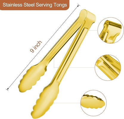Gisly 6-Piece Gold Serving Tongs, Gold Serving Utensils, Stainless Steel Gold Plated Buffet Serving Tongs,Salad Buffet Tongs,9 Inch