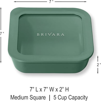 Ceramic Coated Glass Food Storage Container | No PTFE, PFOA, PFAS, and BPA | Reusable Non Toxic Meal Prep Container with Glass Lid | Easy To Store | 5 Cup Square [Pine]