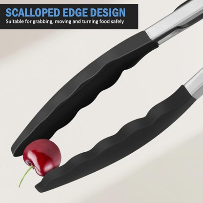 Kitchen Tongs, Set of 3 Stainless Steel Tongs with Silicone Tips Locking Cooking Tongs 600ºF Heat Resistant Tong for Cooking BBQ Grilling Air Fryer Serving Food Salads, 7"+9"+12" Black