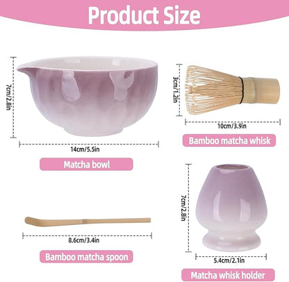 Matcha Whisk Set,4pcs Matcha Set Whisk and Bowl with Spout,Ceramic Matcha Whisk Holder,Scoop(Chashaku),Matcha Kit for Matcha Lovers Kitchen Matcha Accessories,Ideal Gift Christmas(Gradient Purple)