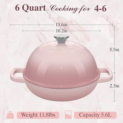 Cast Iron Dutch Oven Pot with Lid, Round Bread Oven for Sourdough Bread Baking, Umite Chef Enameled Cast Iron Bread Oven with Dome Lid & Cotton Potholders for Sourdough, Pink, 6 Quarts