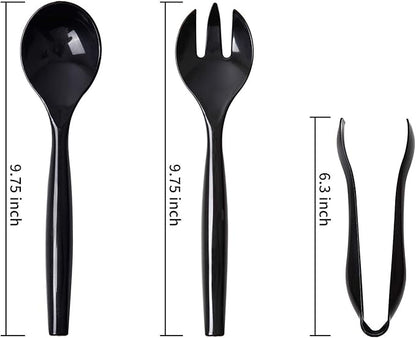 Supernal 72pcs Plastic Serving Utensils Heavy Duty Disposable Serving Tongs Black Disposable Serving Set 10" Spoons 10" Forks 6" Tongs Each 24pcs