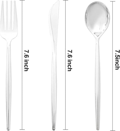 LIYH 102 Pcs Silver Plastic Silverware - Heavyduty Plastic Cutlery Set Disposable Utensils Flatware Set Knives Forks Spoons Disposable Cutlery
