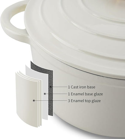 Enameled Cast Iron Dutch Oven Pot with Lid Heavy-Duty Cookware for Bread Baking, Braising, Stews, Roasting,7QT，creamy white