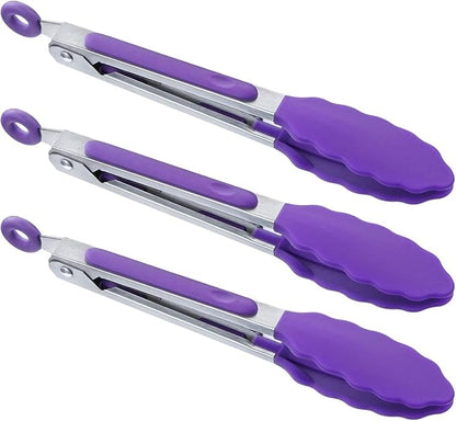 MSY BIGSUNNY Kitchen Food Tongs - 7" Mini Silicone Serving Tongs - Set of 3 (Purple)