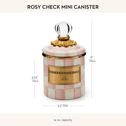 MACKENZIE-CHILDS Rosy Check Enamel Canister, Pink-and-White Kitchen Storage Container with Lid, Mini