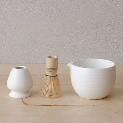 Matcha Whisk Set, Ceramic Matcha Bowl & Whisk Holder, Bamboo Accessory, Modern Design (White, Pouring Spout)