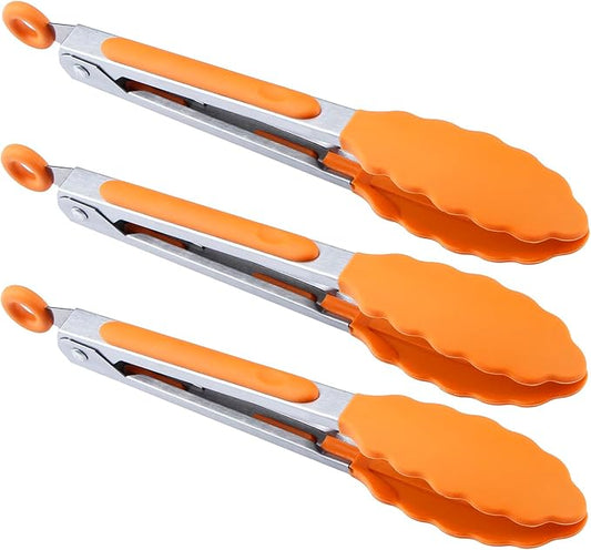 MSY BIGSUNNY 7 inch Serving Tongs With Silicone Tips for Food Grill, Salad, BBQ, Small Kitchen Food Tongs (Set of 3, White)