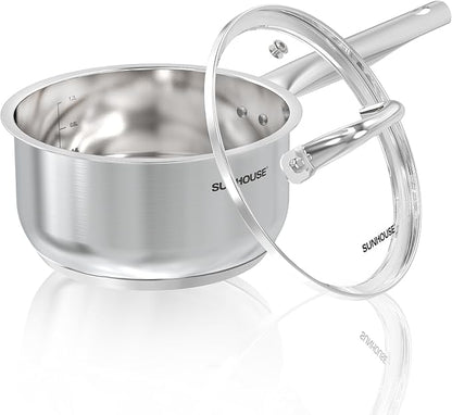 Sunhouse – 2 Quarts Stainless Steel Sauce Pan with Lid - PFOA-FREE, High Stainless Steel Sauce Pan, Advanced Impact Bonding Induction Base, Stay-Cool Handle, Compatible with All Cooktops