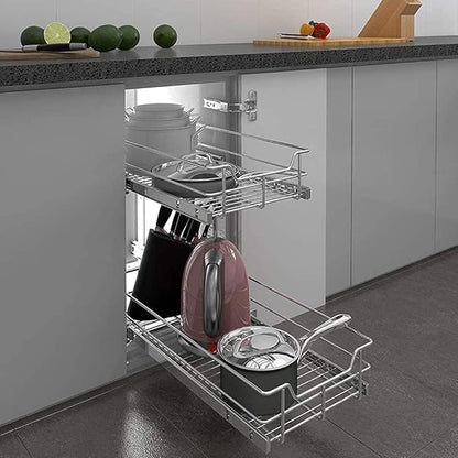 2 Tier Pull Out Cabinet Organizer 15" W X 22" D, Slide Out Drawers For Kitchen Cabinets, Pull Out Drawers For Cabinets Capacity Heavy Duty Caddy, Cabinet Pullout Shelves Chrome-Plated,Bathroom Pantry