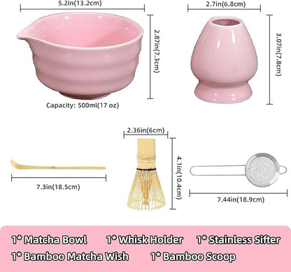 Matcha Tea Set, 5-Piece Ceremonial Kit with Ceramic Matcha Bowl (Chawan), Bamboo Whisk (Chasen) & Holder, Stainless Steel Sifter, Bamboo Scoop (Chashaku) — Japanese Tea Ceremony Gift (Pink)