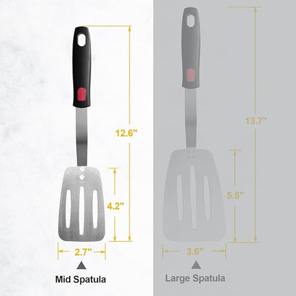 Stainless Steel Flexible Spatula Turner, VOVOLY Thin Metal Slotted Spatula for Cast Iron Skillet, Thin Blade and Heat Resistant Silicone Handle, Great for Egg, Cookie, Meat, Crep, Medium