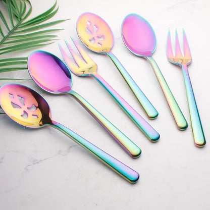 Rainbow Serving Spoons*2 Slot Spoons* 2 Forks *2 Buffet Colander Stainless Steel Banquet Set, Set of 6. Lenght 9" (6-rainbow spoon forks set)