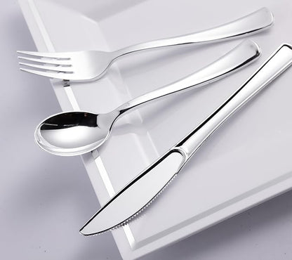 N9R 300PCS Silver Plastic Silverware Set, 100 Forks, 100 Spoons, 100 Knives, Heavy Duty Disposable Cutlery for Parties, Fancy Disposable Flatware for Weddings, and Daily Use