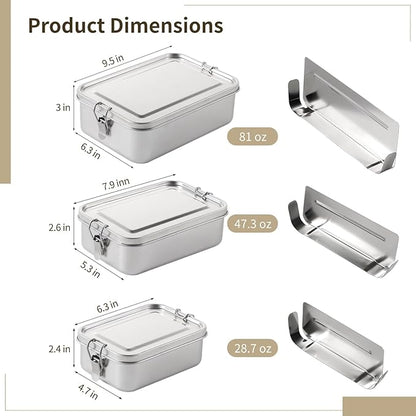 3 PCS Bento Boxes, Stainless Steel Lunch Boxes, Food Storage Containers, Lockable Clips to Leak Proof, Reusable Dishwasher Safe Lunch Snack Boxes(850 ml, 1400 ml, 2400 ml)