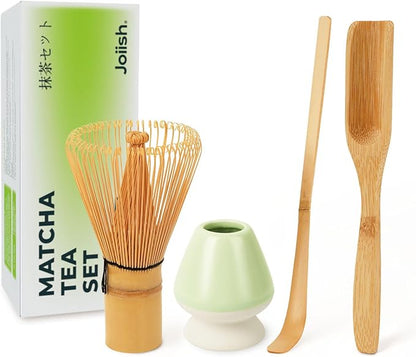 Matcha Whisk and Holder Set, Bamboo Brush, Scoop, Tea Spoon and Ceramic Whisk Stand, Traditional Green Tea Making Kits