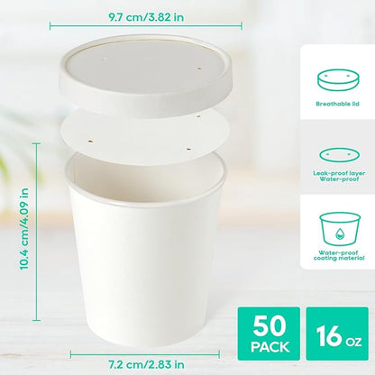 JOLLY PARTY 50pack 16oz Paper Soup Containers with Lids, Disposable Paper Food Cups, Ice Cream Cups, Food Storage with Lids, Microwavable and Freezer Safe, Suitable for Christmas Thanksgiving (White)
