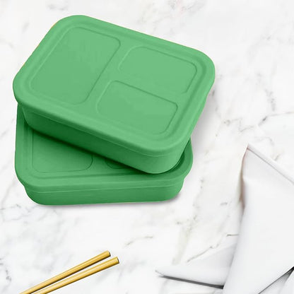 Platinum Silicone Bento Lunch Box Set of 2 – 3 Compartments, Leakproof, Versatile, Durable, Microwave & Freezer Safe, Meal Prep Container, Food Storage for All Ages (Watermelon Green)