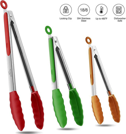 600ºF Heat Resistant Kitchen Tongs, Premium Locking Cooking Tongs with Silicone Tips, Non-Slip Food Tongs for Cooking, Non-Stick, Heavy Duty Stainless Steel Handle, Set of 3-7" 9" and 12" Multicolor