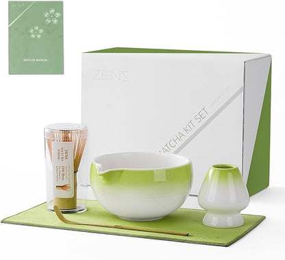 ZENS Matcha Whisk Set, 5pcs Matcah Kit Includes Ceramic Bowl with Spout, Handcrafted Bamboo Whisk, (Chasen) Holder, Scoop & Tea Mat, Matcha Set Gift for Tea Ceremony, Green