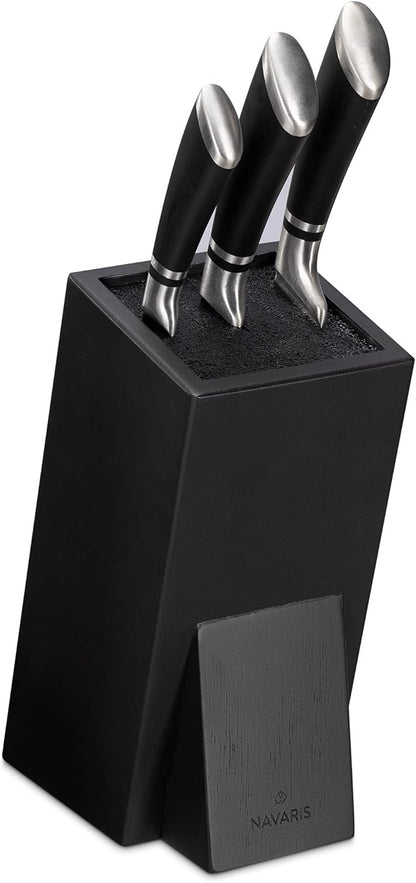 Navaris Universal Knife Block Holder - Rubber Wood Stand with Bristles to Fit Different Sizes of Knives - Angled Design, 9.8" x 5.9" x 4.1’" - Black