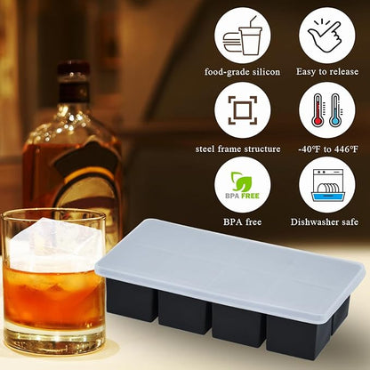2 Pack Large Ice Cube Trays for Whiskey, Big Silicone Ice Cube Trays 2 inch Square Cubes, Huge Square Ice Cube Maker, Silicone Molds for Whiskey, Bourbon, and Cocktails, BPA-Free & Dishwasher