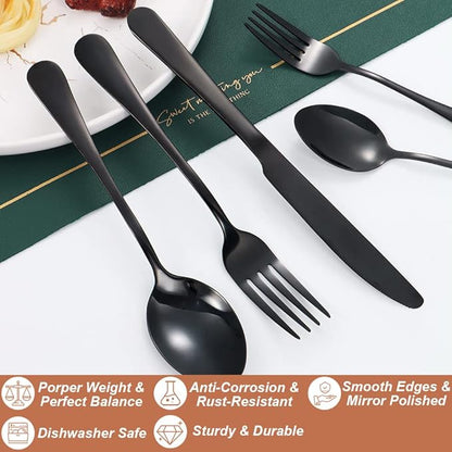 Lazycorner 40 Pcs Black Silverware Set for 8, Mirror Polished Flatware Set Stainless Steel Fork Knife Spoon, Food Grade Eating Utensils Sets, Reusable Silverwear Cutlery Set, Dishwasher Safe