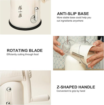 ZHANG XIAO QUAN SINCE 1628 5-in-1 Interchangeable Blades Rotary Cheese Grater Hand Crank, Cheese Shredder Mandoline Vegetable Julienne Slicer Cutter Nut Chopper with Anti-Slip Base, Cream