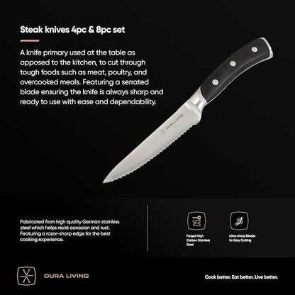 DURA LIVING 4-Piece Serrated Kitchen Steak Knife Set – Forged High Carbon Stainless Steel, Ultra Sharp, Ergonomic Black Handles, Durable Dinner Knives, Black Handle