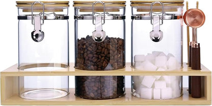 Glass Coffee Storage Containers with Bamboo Shelf,Ground Coffee Holder Jars,Airtight Glass Countertop Storage Jar Canisters with Spoon for Coffee,Loose Tea,40 Fluid-oz,Pack of 3