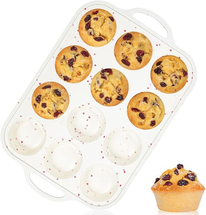 Silicone Muffin Pan, Metal Reinforced Frame Silicone Cupcake Pan Easy to Handle 12 Cups for Valentine's Day Baking Nonstick Regular Size Muffin Tin 1 Pack Love Heart