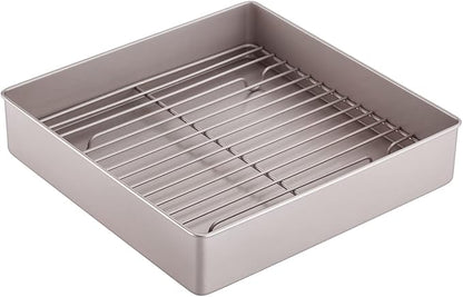 CHEFMADE Roasting Pan with Rack, 11-Inch Non-Stick Square Deep Dish Cake Pan with Wire Rack for Oven Baking, BBQ, Jelly Roll and Roasting 11.2" x 11.2" x 2.4" (Champagne Gold)