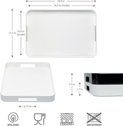 Bzyoo 11.5 x 16 Inch Large Rectangle Stackable Melamine Serving Tray with Handles – Minimalist Design, Multi-Purpose and Durable, BPA Free– Perfect for Kitchen, Dining, and Entertaining - White