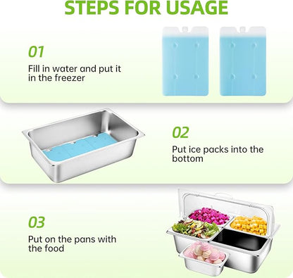 Stainless Steel Ice Food Serving Display Container 6 Pans 3 Ice Packs Cooled Condiment Dispenser Cold Serving Appetizer Buffet Organizer (4 Pans)