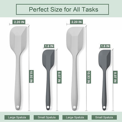 Silicone Spatula Set, Premium Spatulas Silicone Heat Resistant 2 Small & 2 Large Flexible Scraper for Nonstick Cookware, Rubber Spatula for Kitchen Mixing Baking Cooking Use, Soft Spatula - Gray