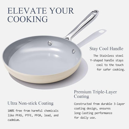 Nonstick Ceramic Frying Pan 10" Non Toxic Cooking Skillet for Eggs Pancakes & Stir Fry, Even Heat Distribution, PTFE/PFOA/PFAS Free, All Cookops Compatible, Stainless Steel Handle, Cream