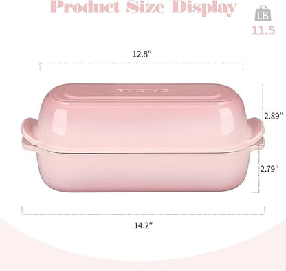 Enameled Cast Iron Loaf Pan with Lid, Dutch Oven Bread pan for Homemade Sourdough Bread Baking, 12.5x5.5 inch, 5qt, Pink