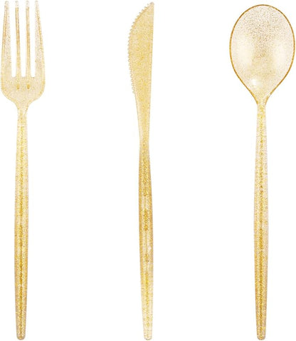 Supernal 180pcs Gold Plastic Silverware Durable Plastic Silverware Gold Glitter Color Party Cutlery Disposable Flatware Heavy Duty Include 60 Forks,60 Knvies,60 Spoons for Wedding,Birthday