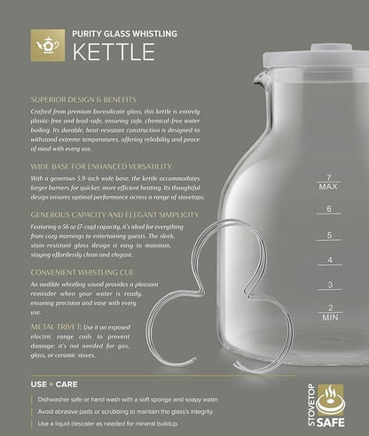 Teabloom Purity Glass Whistling Kettle – 100% Plastic-Free, Premium Borosilicate Glass, 56 oz (7-Cup) Capacity, Stovetop Safe, Lead-Safe & Chemical-Free Water Boiling with Whistle Cue
