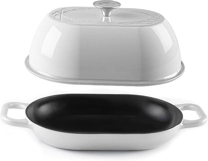 Enameled Cast Iron Dutch Oven for Professional Sourdough Bread Baking | 5.5 Quart Loaf Size Oval Cookware Pot with Lid | Triple-Layer Enamel Coating Pan with Non Stick Silicone Mat | White