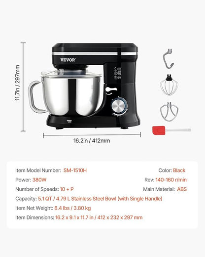 VEVOR Stand Mixer, 5QT Dough Mixer, 10+P Speeds Tilt-head Food Mixer, Kitchen Mixer with Stainless Steel Bowl, Dough Hook, Wire Whip, Beater, Scraper, Household Stand Mixer for Baking Mixing, Black