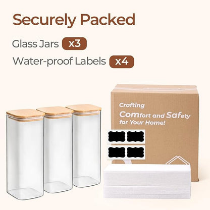 ComSaf 1.9 Qt Glass Storage Containers with Lids, Glass Jars with Lids, Clear Food Storage Jar, Square Canister Set of 3, Pantry Organizers and Storage for Flour Rice Pasta Tea Coffee Bean