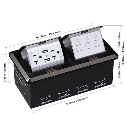 KYHSHJ Dual Pop-Up Floor Electrical Outlet Box Kit，20 Amp Stainless Steel USB TR Receptacle Outlet，3-Port RJ45 Datacom Receptacle，Oil Rubbed Bronze